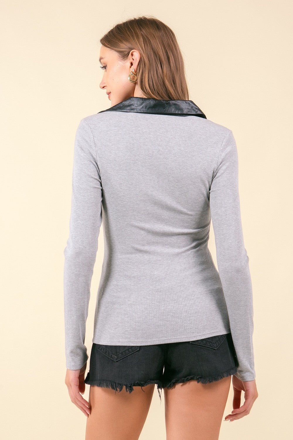 Heather Grey Leather Collared Top