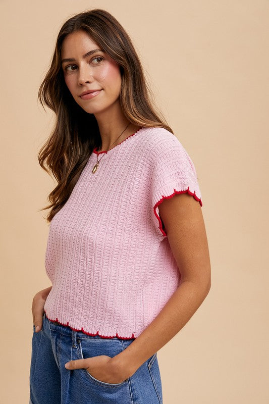 Pink Contrast Pointelle Sweater Top