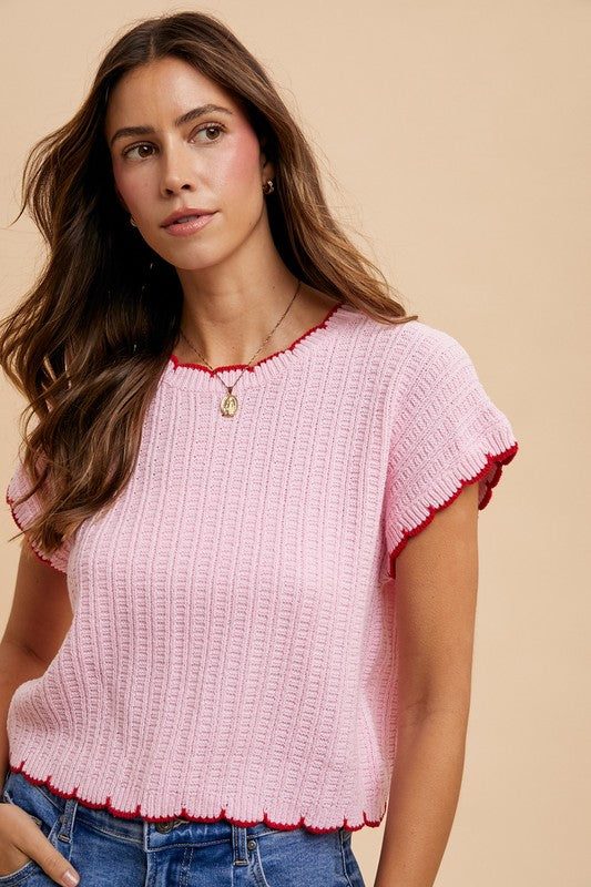 Pink Contrast Pointelle Sweater Top