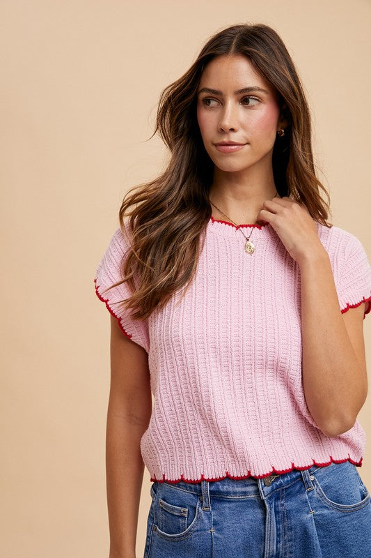 Pink Contrast Pointelle Sweater Top