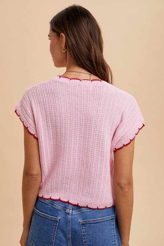 Pink Contrast Pointelle Sweater Top