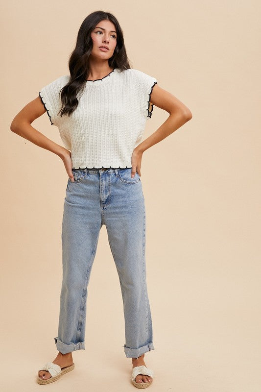 Ivory Contrast Pointelle Sweater Top