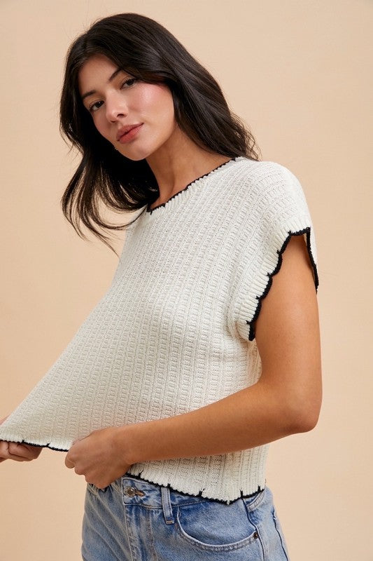 Ivory Contrast Pointelle Sweater Top