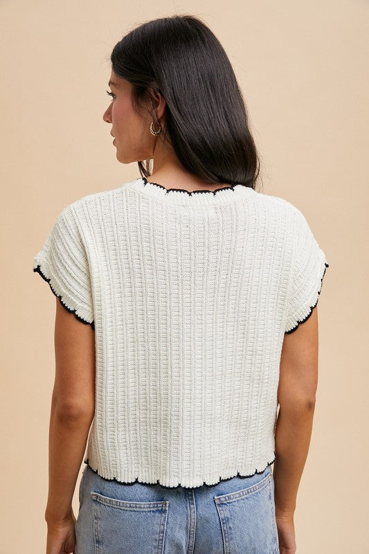 Ivory Contrast Pointelle Sweater Top