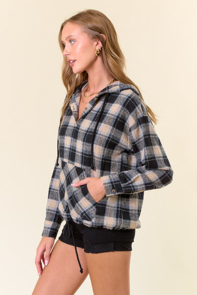 Black Plaid Flannel Pullover Hoodie