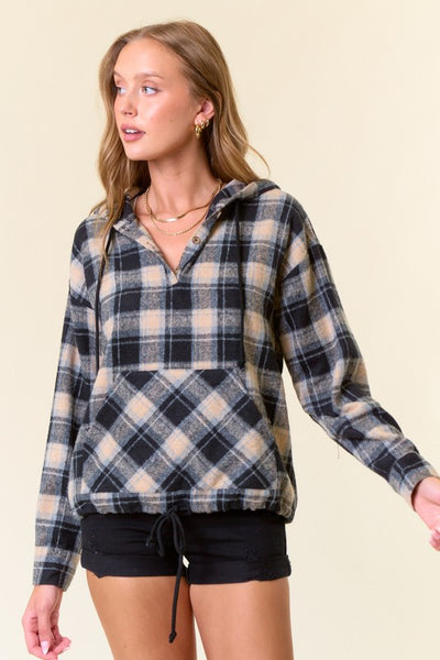 Black Plaid Flannel Pullover Hoodie