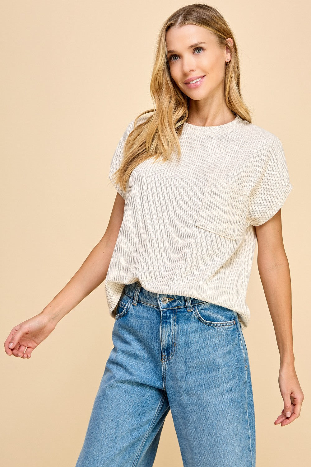 Cream Knit Pocket Tee