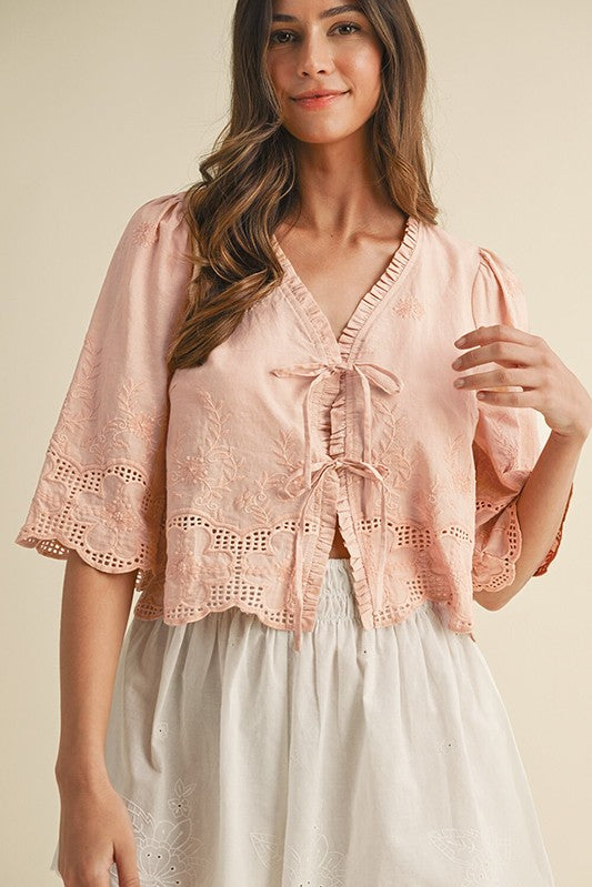 Oatmeal Floral Embroidery Tie Front Blouse