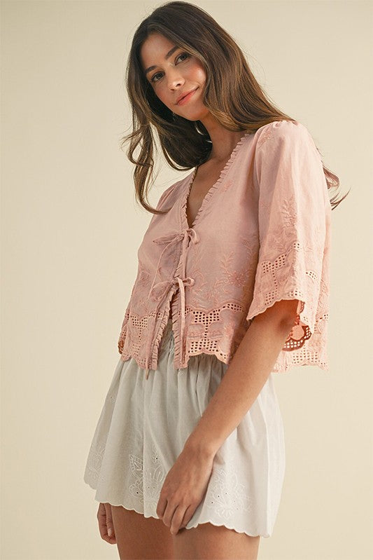 Oatmeal Floral Embroidery Tie Front Blouse