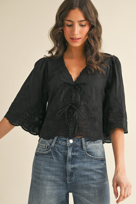 Black Floral Embroidery Tie Front Blouse