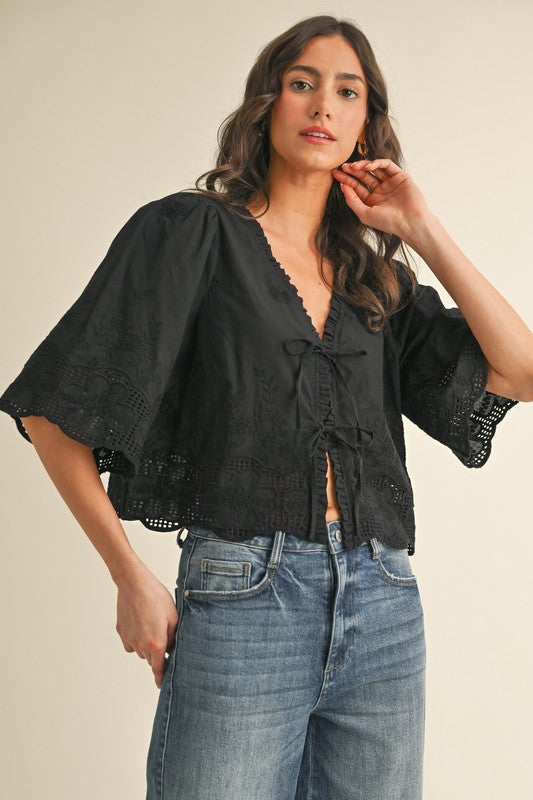 Black Floral Embroidery Tie Front Blouse
