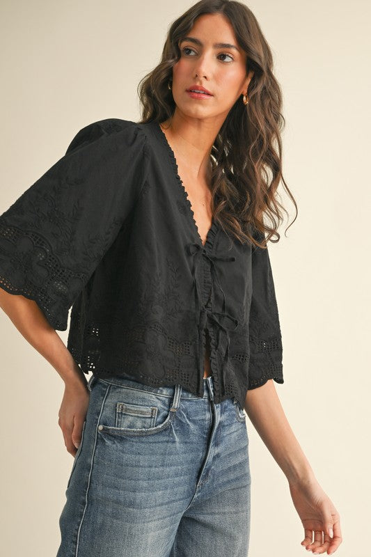 Black Floral Embroidery Tie Front Blouse