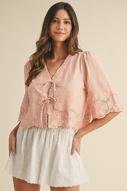 Oatmeal Floral Embroidery Tie Front Blouse