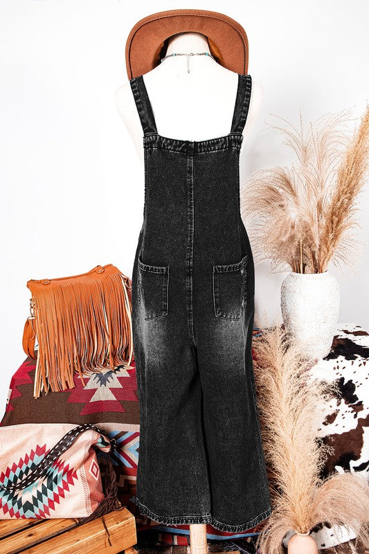 Black Distressed Wide Leg Denim Overalls