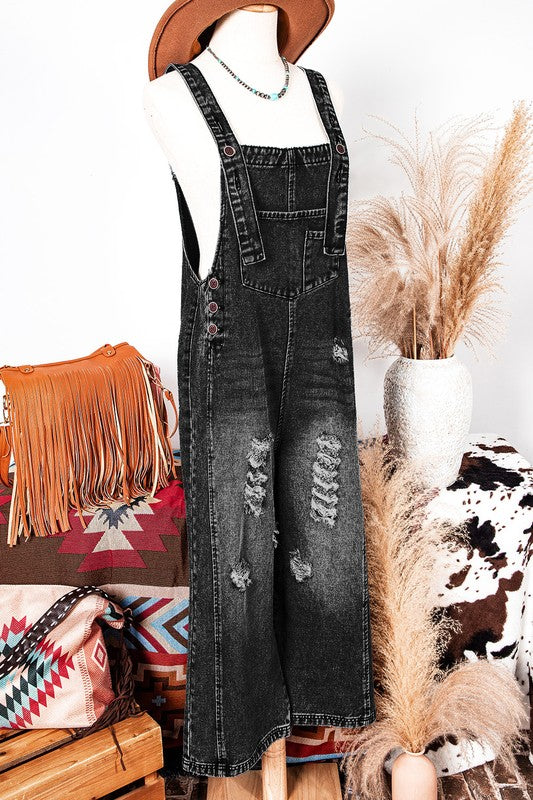 Black Distressed Wide Leg Denim Overalls