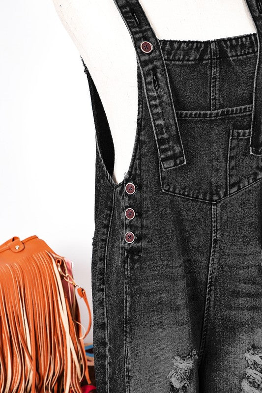 Black Distressed Wide Leg Denim Overalls