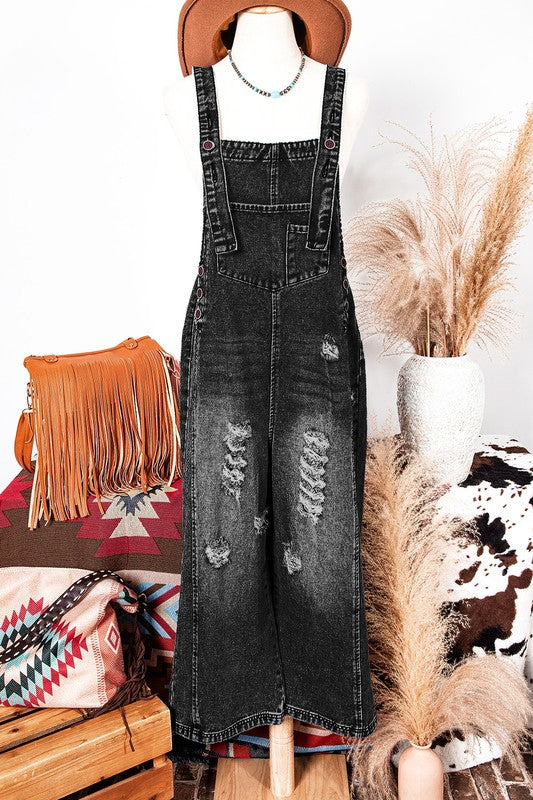 Black Distressed Wide Leg Denim Overalls