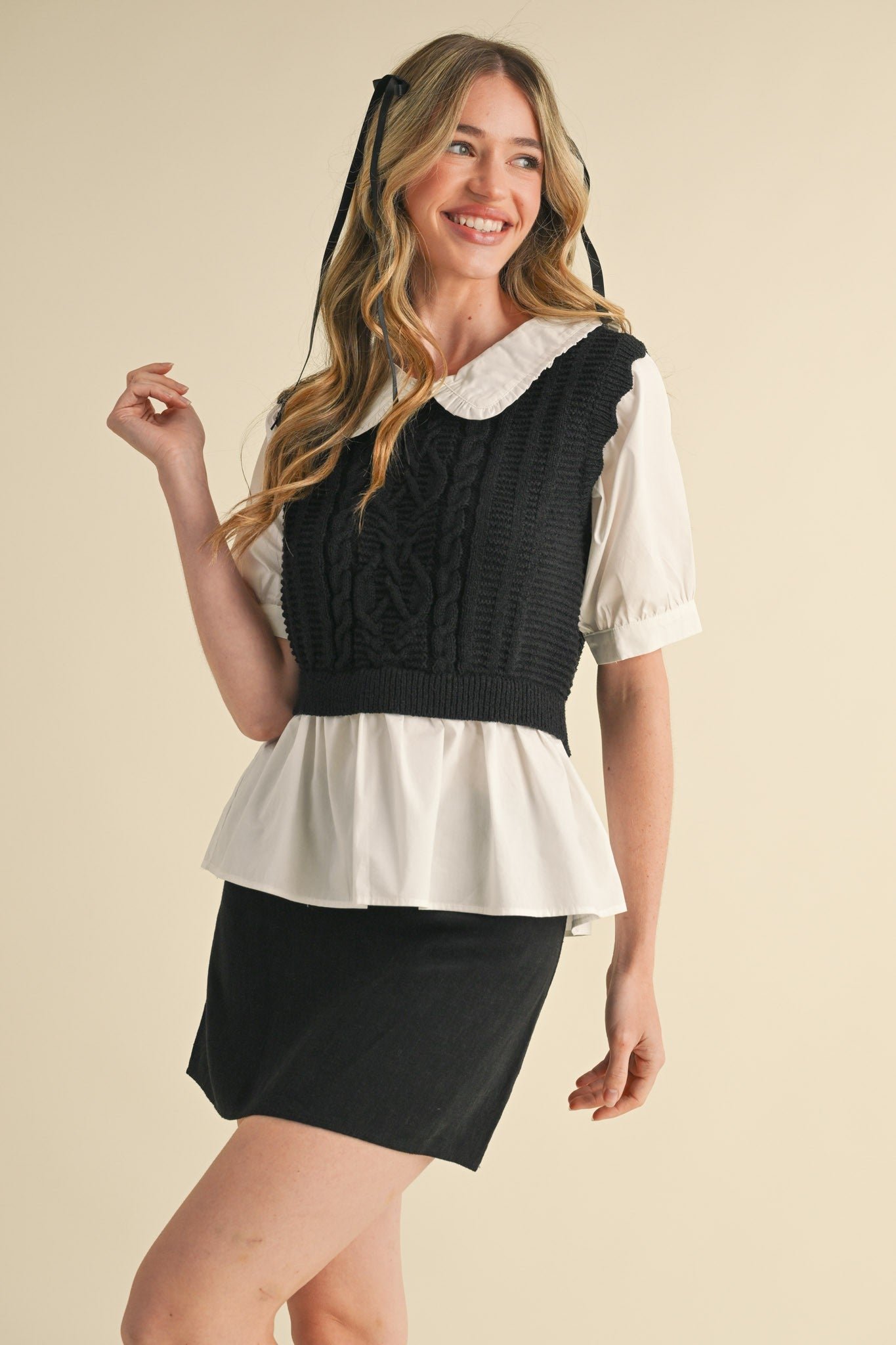 Black Cable Knit Sweater Top