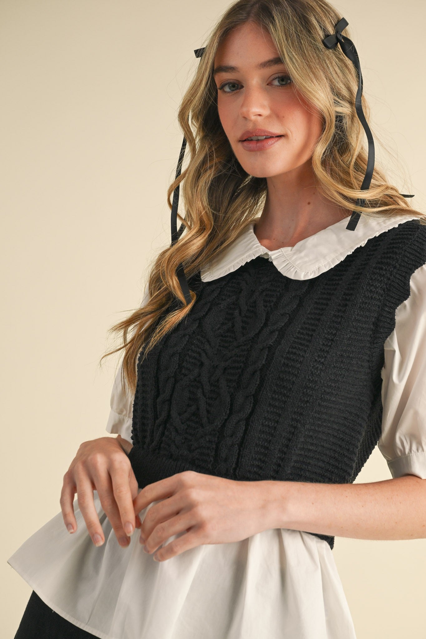 Black Cable Knit Sweater Top