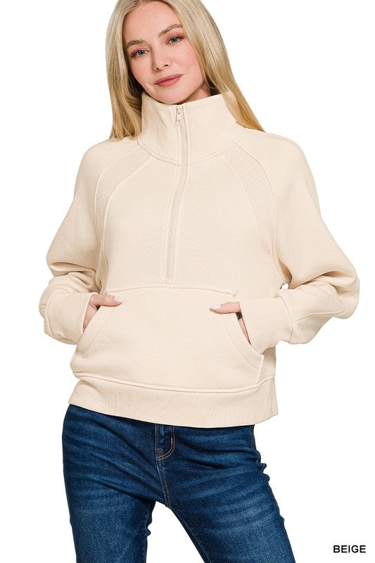 Beige Half Zip Fleece Sweatshirt