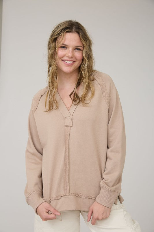 Taupe Hooded Raw Edge Knit Top