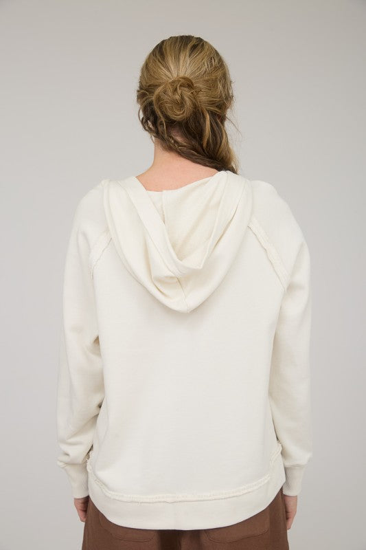 Cream Hooded Raw Edge Knit Top
