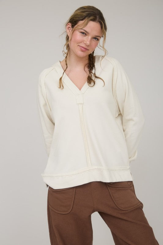 Cream Hooded Raw Edge Knit Top