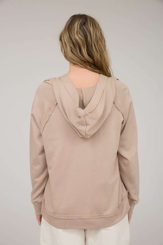 Taupe Hooded Raw Edge Knit Top