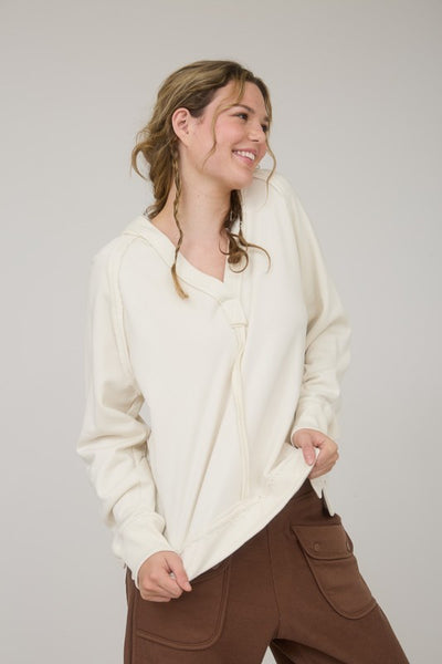 Cream Hooded Raw Edge Knit Top