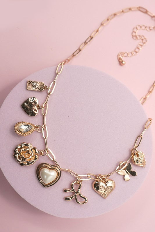 Gold Flower & Butterfly Charm Link Necklace