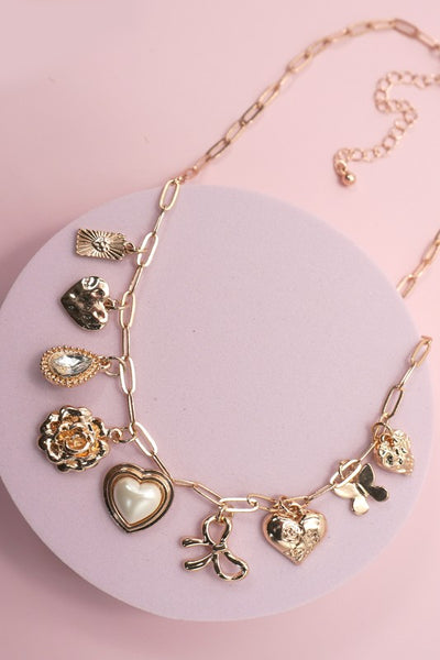 Gold Flower & Butterfly Charm Link Necklace