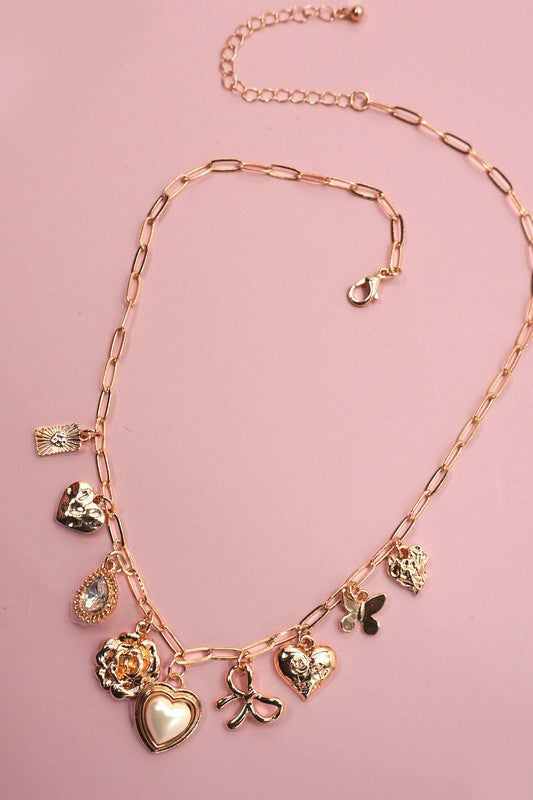 Gold Flower & Butterfly Charm Link Necklace