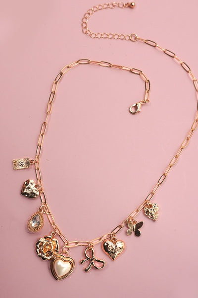 Gold Flower & Butterfly Charm Link Necklace