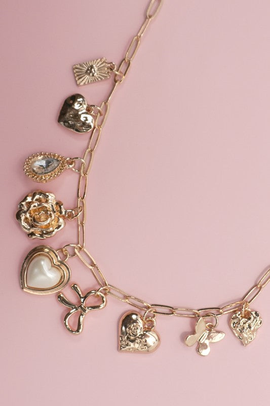 Gold Flower & Butterfly Charm Link Necklace