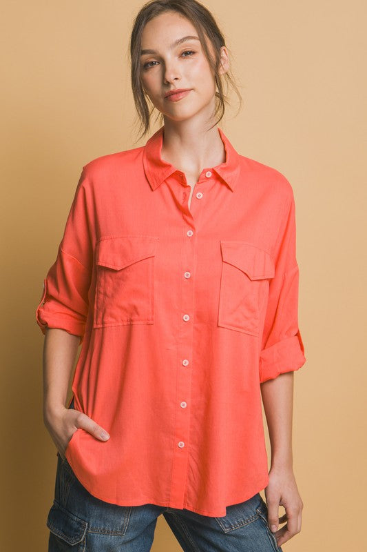 Coral Linen Oversized Shirt