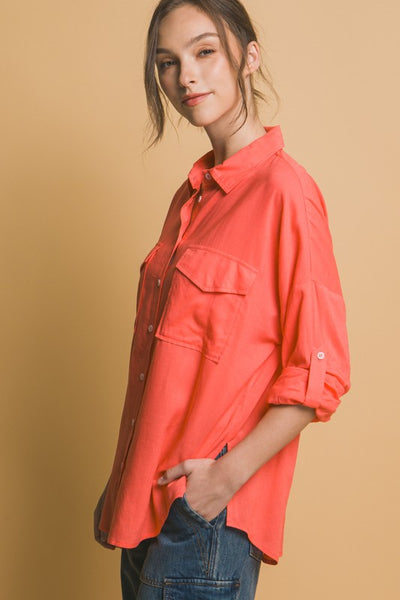 Coral Linen Oversized Shirt