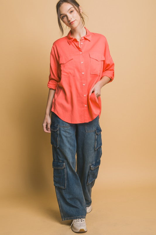 Coral Linen Oversized Shirt