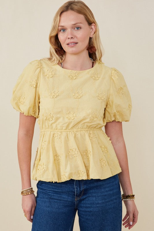 Yellow Floral Eyelet Peplum Top