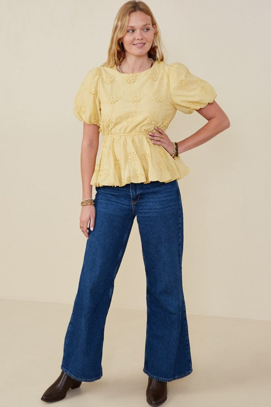 Yellow Floral Eyelet Peplum Top