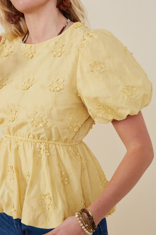 Yellow Floral Eyelet Peplum Top