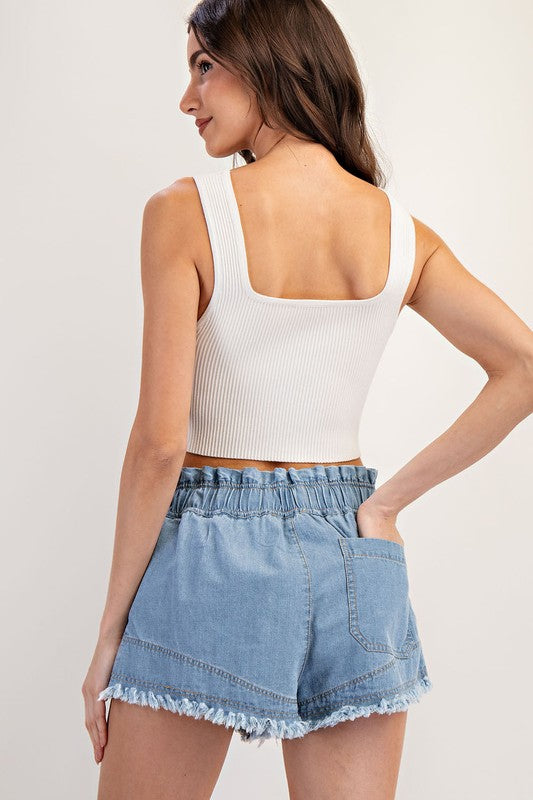 Elastic Waist Frayed Denim Shorts