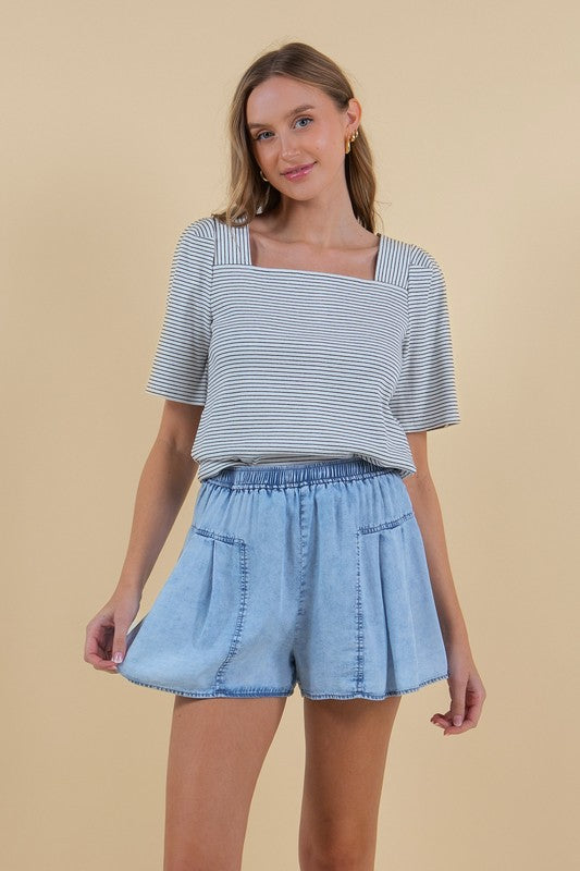 Light Denim Pintuck Wide-Leg Shorts