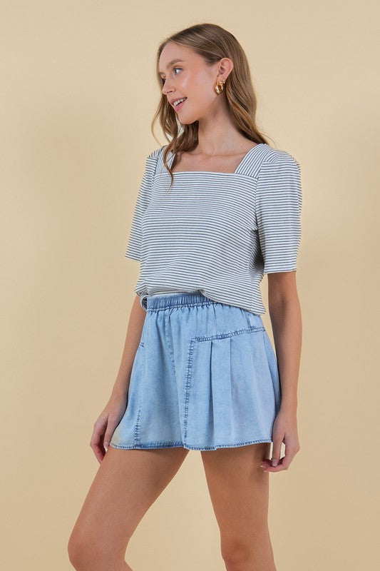Light Denim Pintuck Wide-Leg Shorts