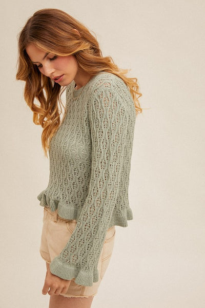 Mint Sage Ruffled Hem Sweater
