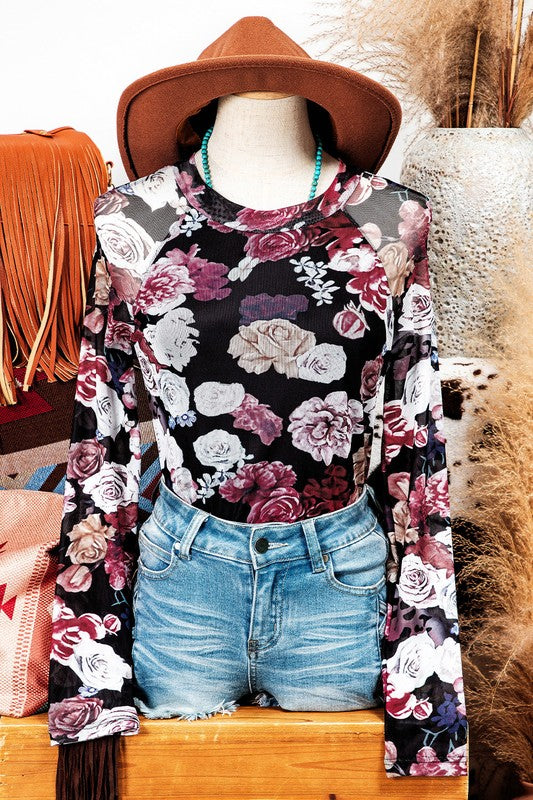 Floral Mesh Mock Neck Top