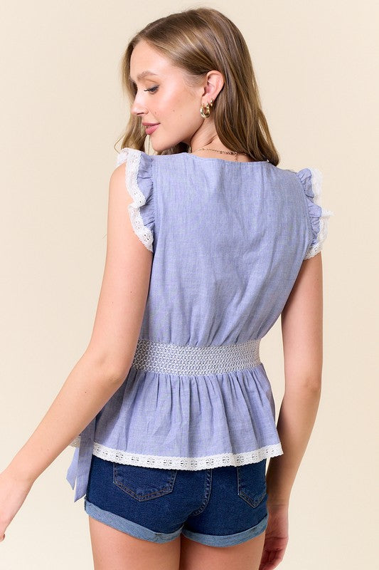 Blue Ruffle Sleeve Wrap Blouse