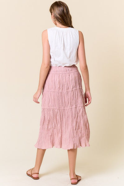 Blush Bow Trimmed Tiered  Midi Skirt