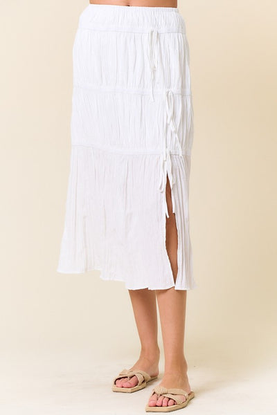 White Bow Trimmed Tiered Midi Skirt