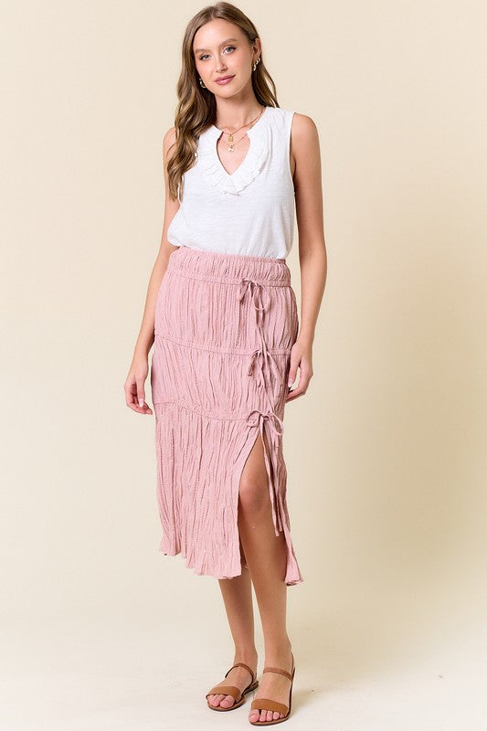 Blush Bow Trimmed Tiered  Midi Skirt