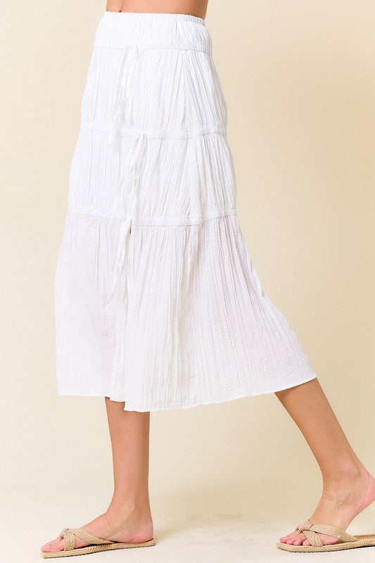 White Bow Trimmed Tiered Midi Skirt